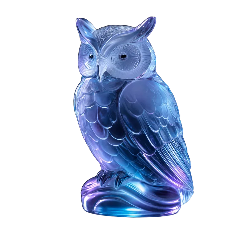 A sculptural translucent glass owl figurine, frosted and clear glass mixed, refracting cool cyan and violet studio light
